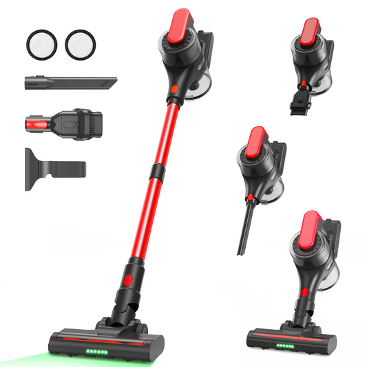 Maircle Cordless Stick Vacuum, 55-Min Runtime, Power Suction, LED Headlight Brush, for Hard Floors, Carpets, Red
