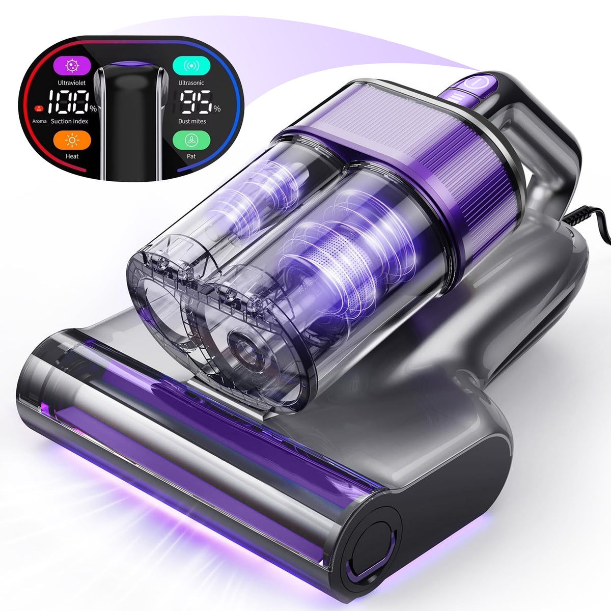 Maircle Mattress Vacuum Cleaner with UV Light, Bed Vacuum with Dust Detection, 18KPa Handheld Vacuum with LED Display, 40,000 Beats/Min Tapping, 150°F Heat, HEPA Filter for Bed, Couch