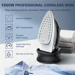 1500W Cordless Steam Iron, Quick-Charge Base with Carry Lock ,Non-Stick Ceramic Soleplate,Anti-Drip,Adjustable Temperature