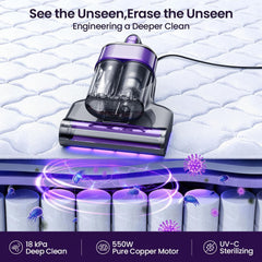 Maircle Mattress Vacuum Cleaner with UV Light, Bed Vacuum with Dust Detection, 18KPa Handheld Vacuum with LED Display, 40,000 Beats/Min Tapping, 150°F Heat, HEPA Filter for Bed, Couch